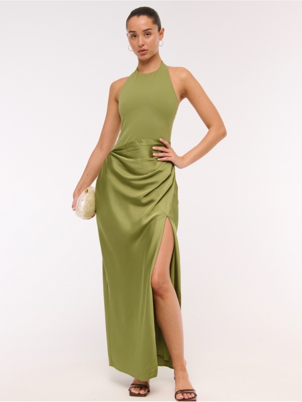 Abercrombie & Fitch Olive Halter Mixed Fabric Maxi Dress with Side Slit